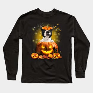 Black Boston Terrier Spooky Halloween Pumpkin Dog Head Long Sleeve T-Shirt